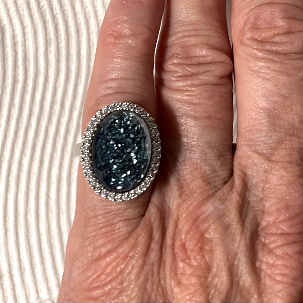 Estate 925 JCD China Faux Blue Druzy & CZ Ring with Matching Pierced Earrings